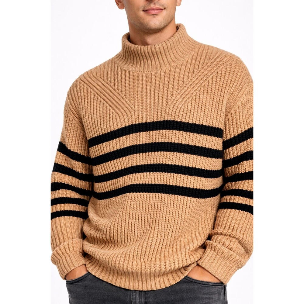 Old Navy XXL Tall Striped Mock Neck Sweater Tan Black Chunky Knit Pullover